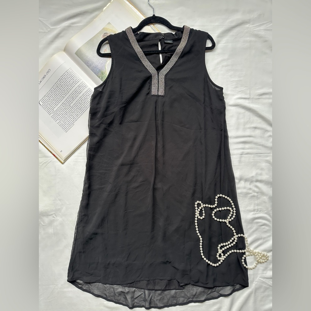 Black Sleeveless Dress with Embellished Neckline